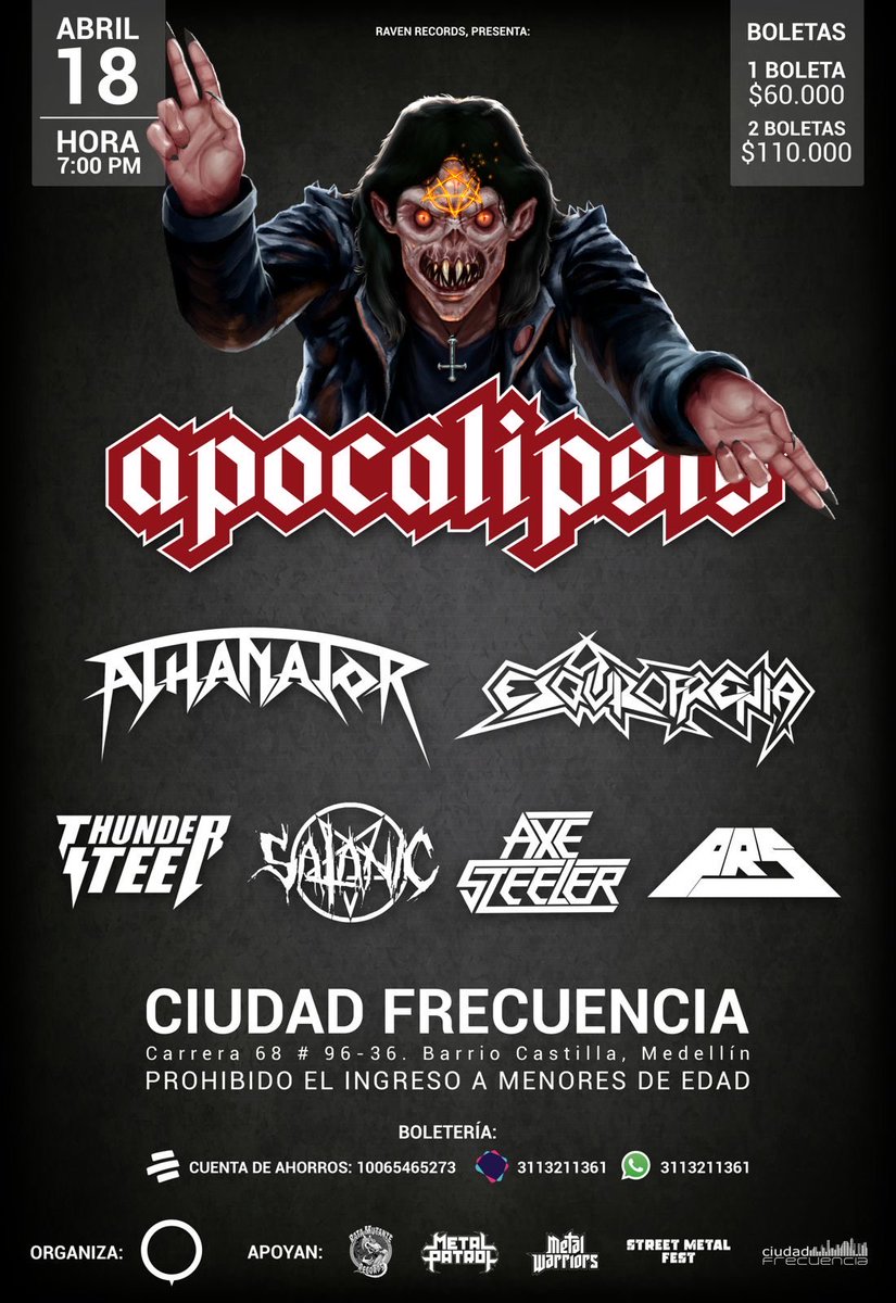 Athanator's tweet photo. Ya tienes tu boleta?
Se están agotando!
@ATHANATOR @ATHANATOR_METAL
@FestApocalipsis 
@RockdeMedellin https://t.co/CFCb0C6Ud6