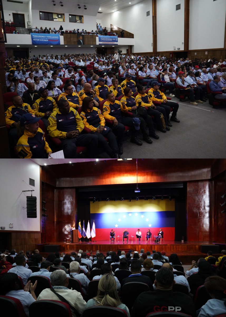 MinTrabajoVE's tweet photo. ¡Clase obrera unida por la soberanía eléctrica! Bajo la consigna de paz y defensa integral, los trabajadores y trabajadoras del sector eléctrico se reunieron en una masiva asamblea en el Teatro Chino Khan del INCRET para ratificar su compromiso con el Sistema Eléctrico Nacional https://t.co/30X3nCRavf