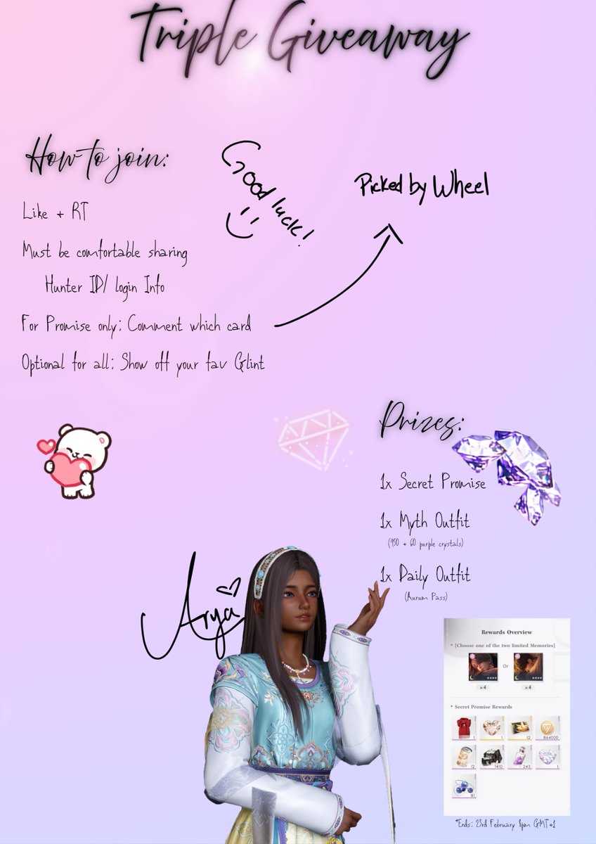 . ݁˖ .⋆ ݁｡˚⋆Triple Giveaway⋆˚｡⋆. ݁˖ .

1x Secret Promise
1x Myth Outfit
1x Daily Outfit

Info in the picture belowજ⁀➴

*If you join for Promise ONLY, commenting is mandatory

Ends: 23rd February 8pm GMT+1

Good luck🍀☀️