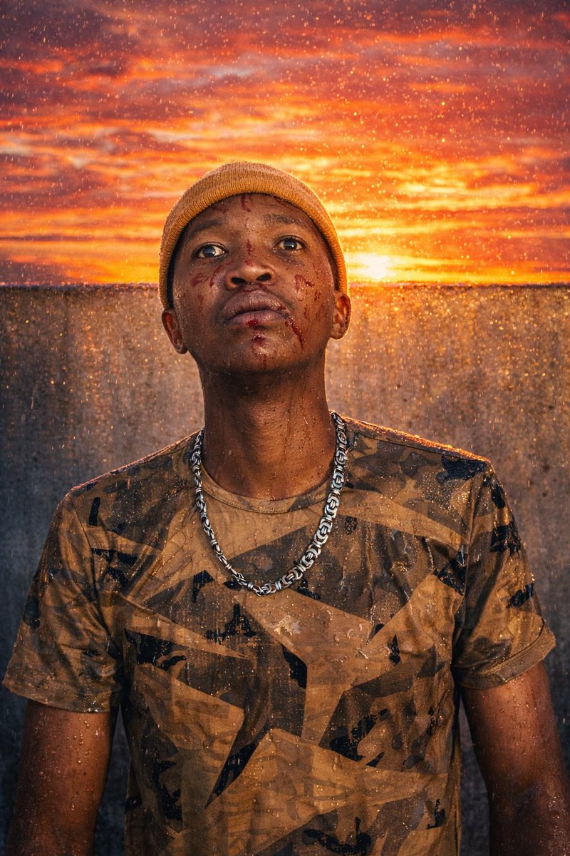 Raw vibe in the sunset rain – gritty streets, bold gaze. 🔥💧