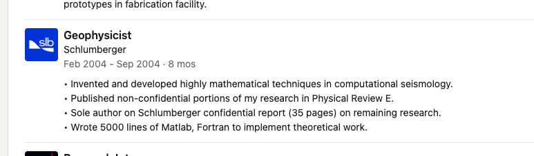 EMFleisch's tweet photo. Dario's LinkedIn touting that he wrote 5k lines of Matlab and Fortran back in the day. 

Possibly even more impressive now than it was then https://t.co/vauDJUMTjn