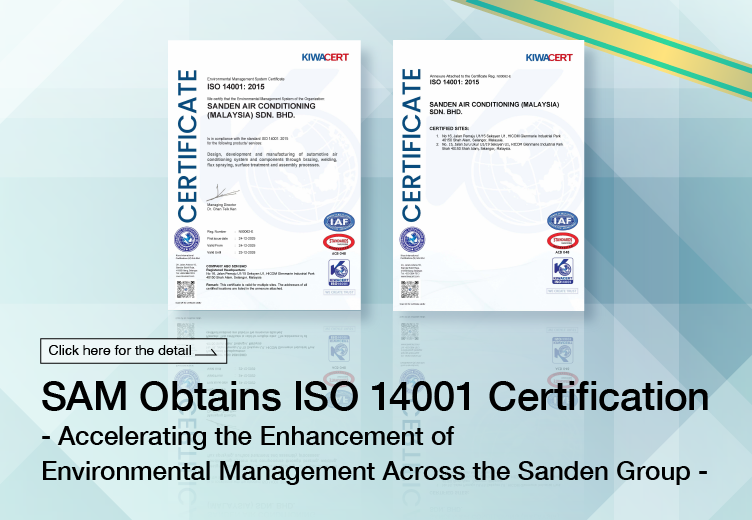 SANDEN_Official's tweet photo. SAM (Malaysia) has obtained ISO 14001 certification, bringing the Sanden Group’s overall certification rate to approximately 95%. We will continue to strengthen our environmental management toward a sustainable future 🌱
https://t.co/eRWNhq2OEt
#Sanden #ISO14001 #Sustainability https://t.co/fVNUKUdtIY