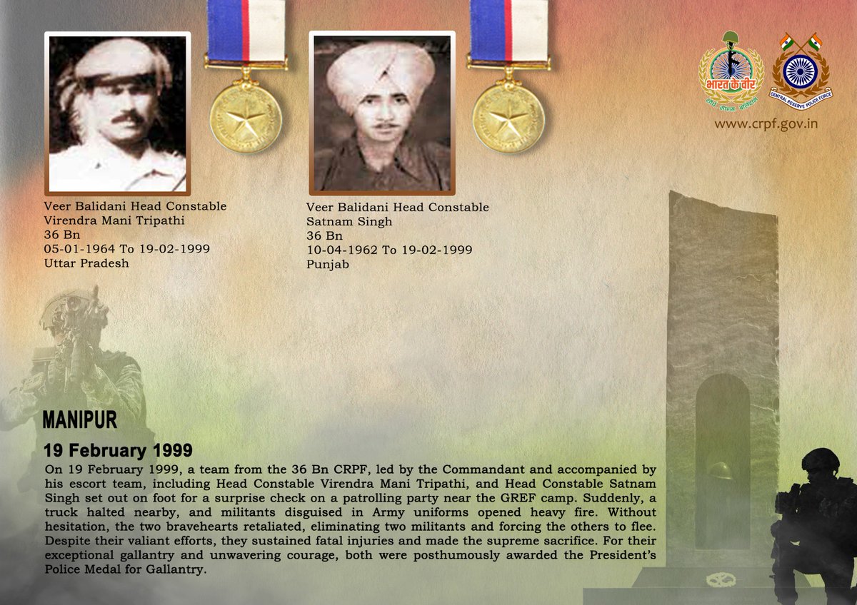 crpfindia's tweet image. DG and all Ranks of #CRPF pay solemn tribute to two valiant troopers of 36 Bn who made the supreme sacrifice when they were attacked by insurgents on 19 February 1999 in Manipur. #CRPF salutes the bravehearts and pledges never to let their sacrifice go in vain.

#LestWeForget