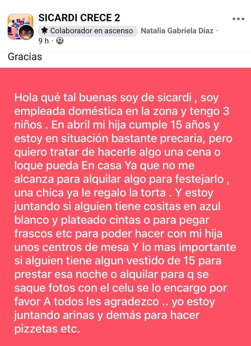 Sé que está complicado pero ví esto en el grupo de mi barrio y le escribí a la señora.
La nena es alta y grandota, talle L aprox. Y calza 38/39.
Capaz a alguien le sobra 1 calzado de fiesta o un vestido. No tiene que ser necesariamente blanco, le gusta el azul porque es del Lobo