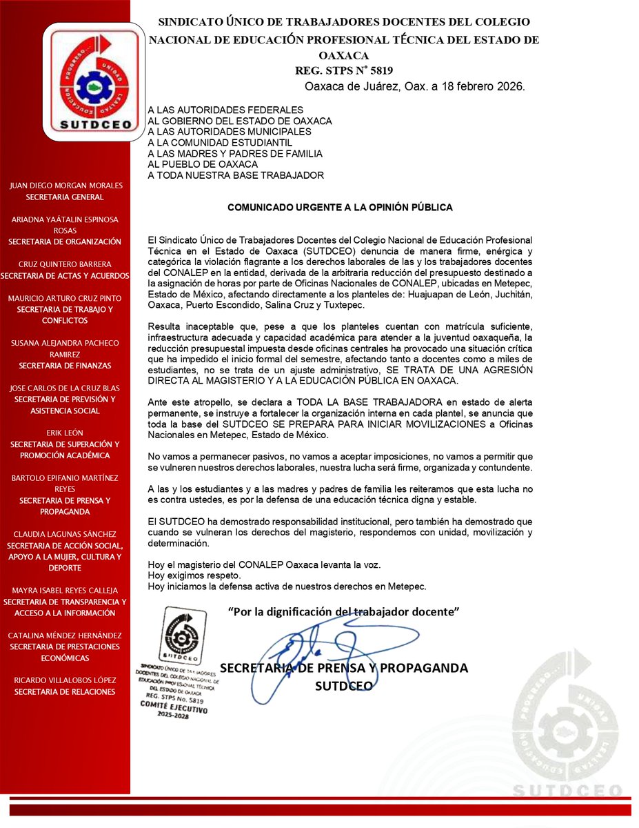 SUTDCEO1's tweet photo. El SUTDCEO denuncia la reducción arbitraria del presupuesto para horas docentes por parte de CONALEP

La base trabajadora se declara en alerta y se prepara para movilizarse a Oficinas Nacionales en Metepec, Estado de México https://t.co/JWYHFPosdr