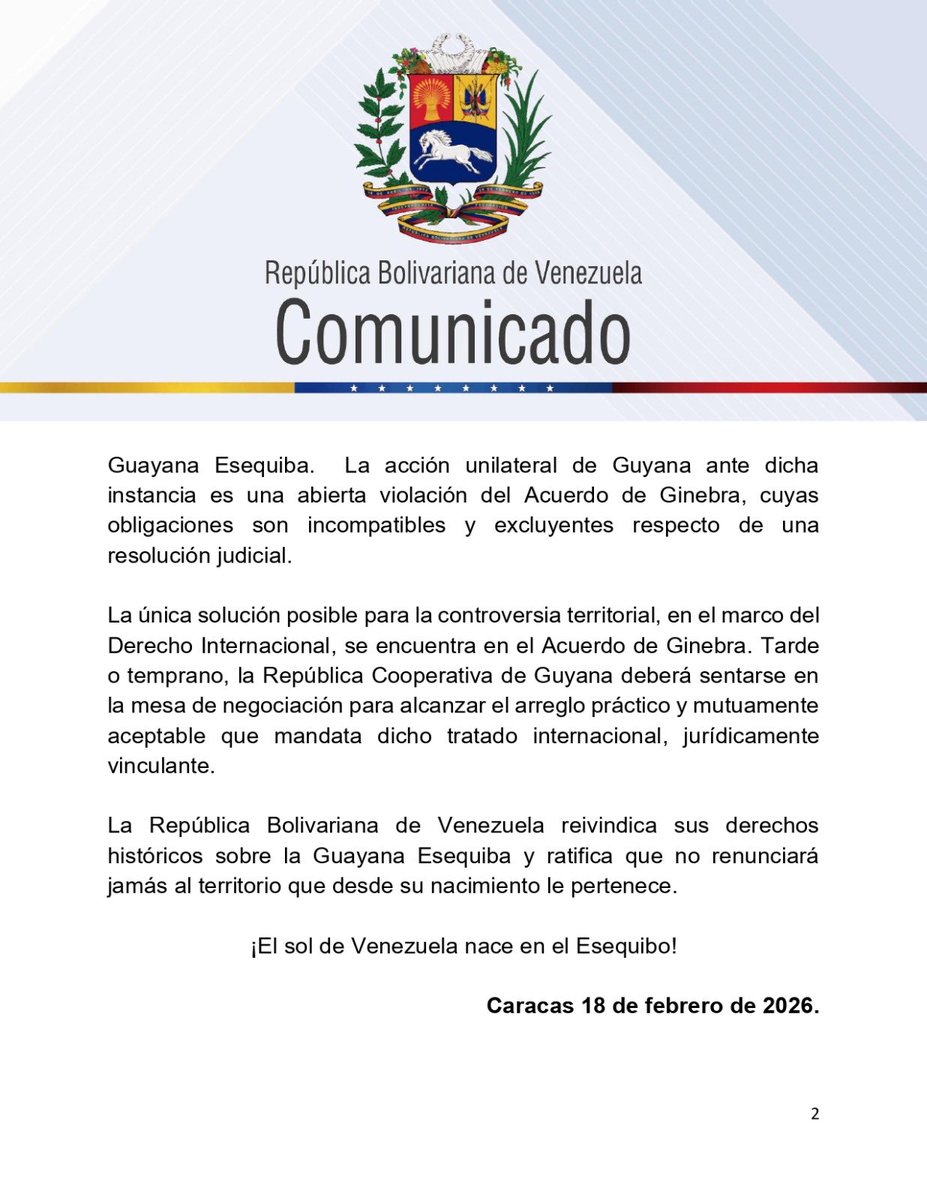 #Comunicado 📢 La República Bolivariana de Venezuela rechaza categóricamente el comunicado emitido por la República Cooperativa de Guyana, en el marco de la conmemoración del 60° aniversario del Acuerdo de Ginebra de 1966.
