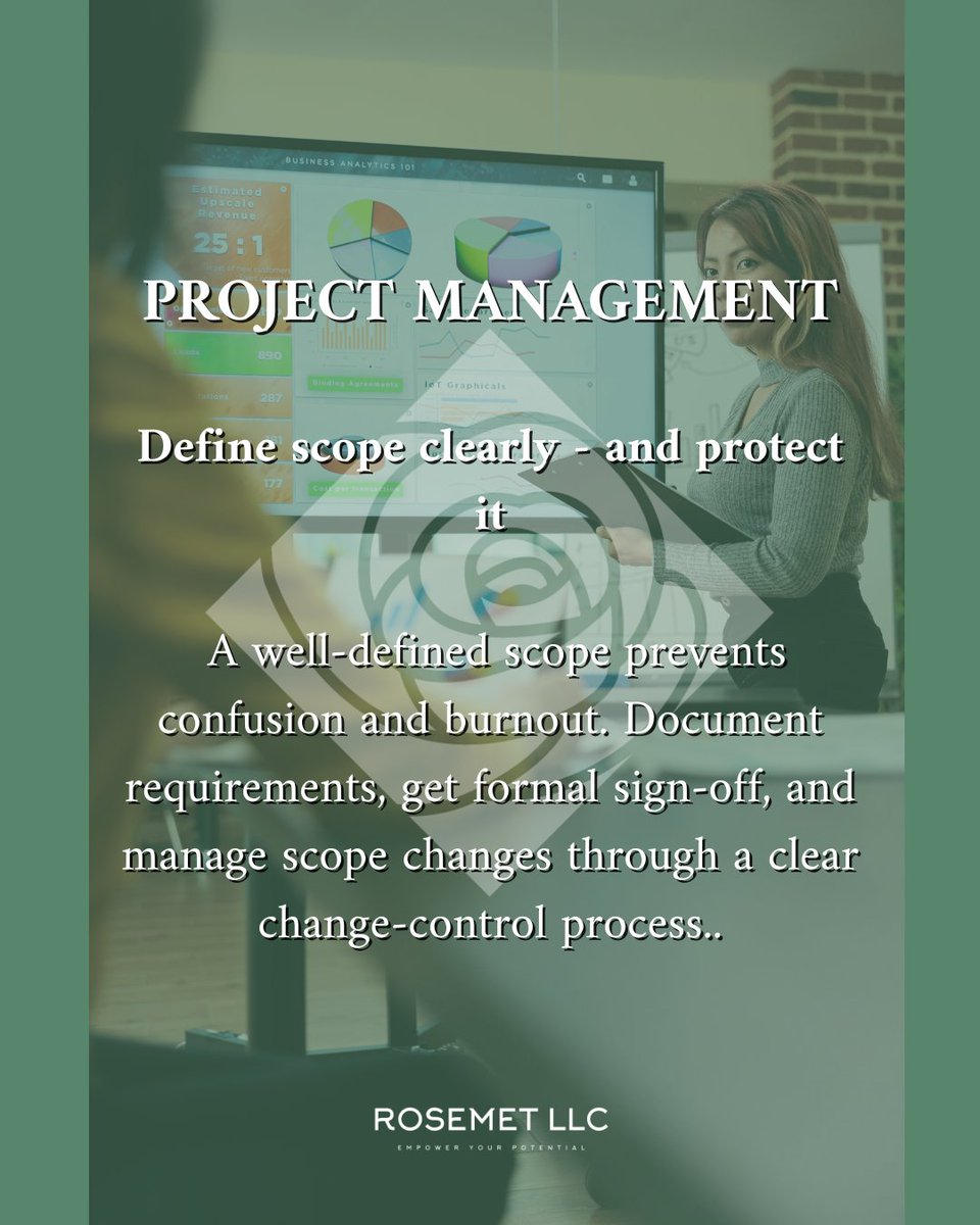 rosemetllc's tweet photo. Confusion and burnout start with unclear scope. Set expectations, document requirements, and control changes formally.

#ProjectLeadership #ScopeControl #EffectivePM #TeamAlignment #ProjectExecution #RosemetLLC https://t.co/Jr8lKu5txX