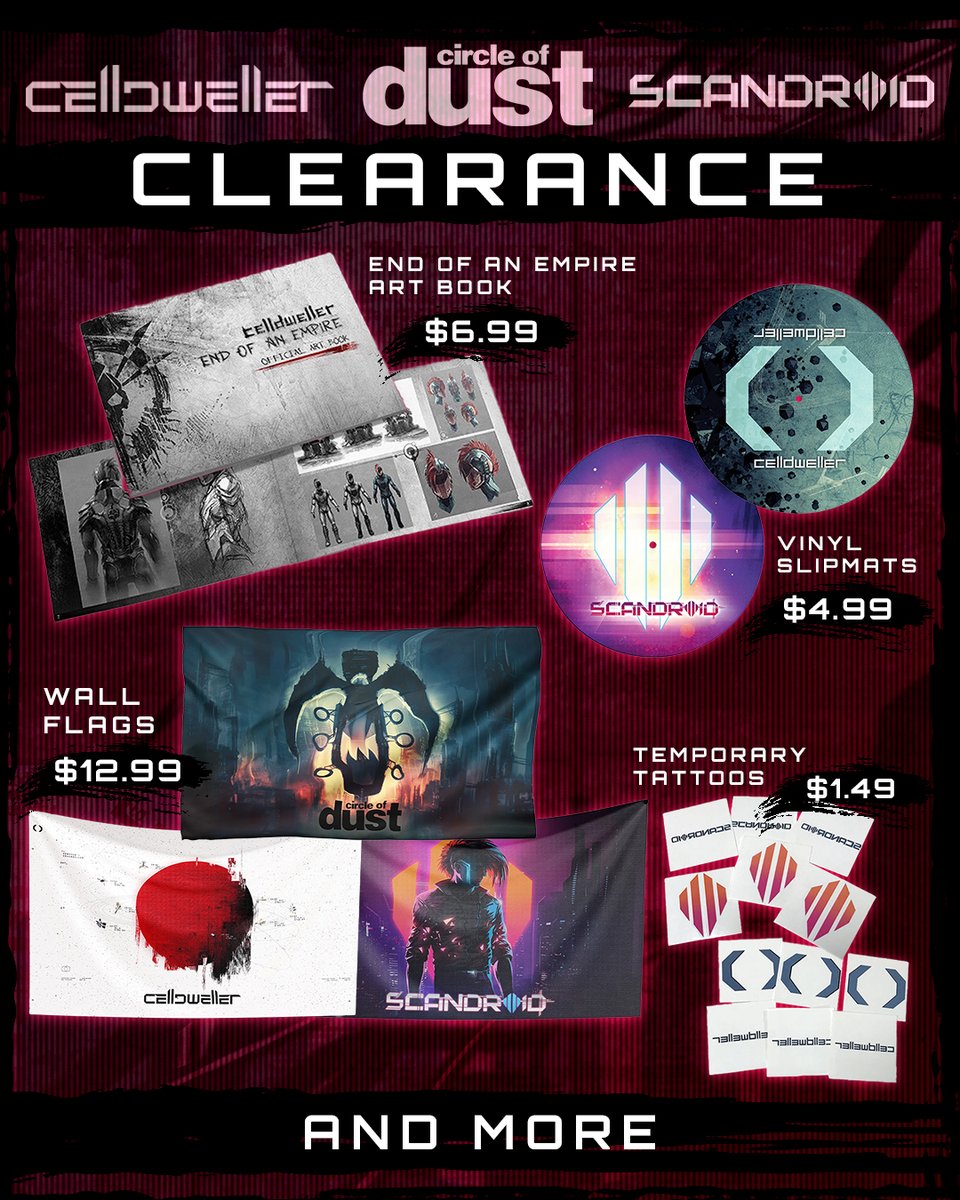 fixtmusic's tweet photo. Level up your collection ⚡️
🔥 Celldweller, Circle of Dust, and Scandroid gear is ON SALE now in the FiXT Store! Stock up on your favorites while the deals last.
🛒 Gear up ➜ https://t.co/JzyIQHtV0G https://t.co/w2v3qL1IjE