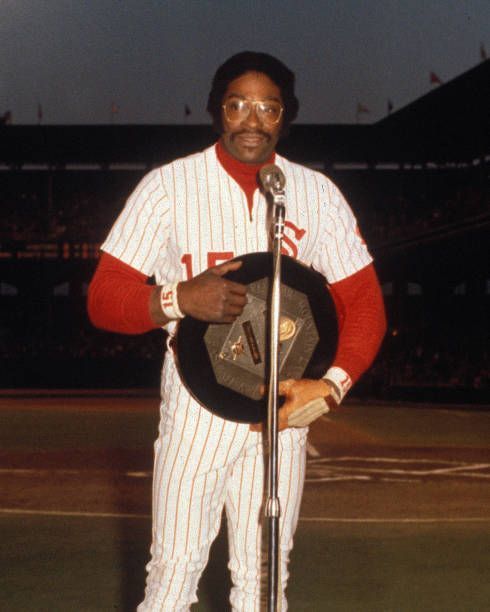 baseballinpix's tweet photo. Dick Allen with his 1972 MVP award at Comiskey Park. Photo by Ron Vesely. Allen led the league in home runs with 37 and RBIs with 113. https://t.co/z7OBbLrxxB