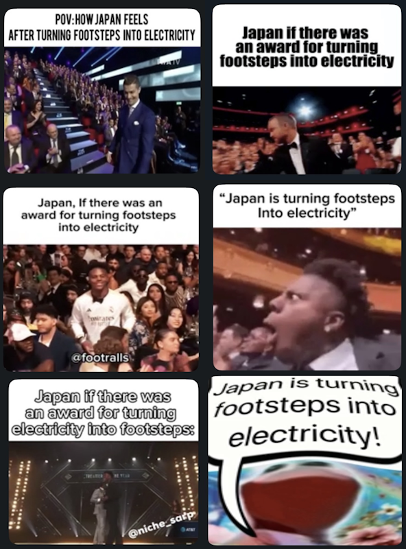 madeforcharts's tweet photo. All meme pages on IG are now using the same "Japan is turning steps into electricity" caption.

It has already become a trend and a meme, creating funny gifs and stickers.

This will soon be everywhere as a niche meme just like the tuff baby.

Just open IG, scroll and you will see.