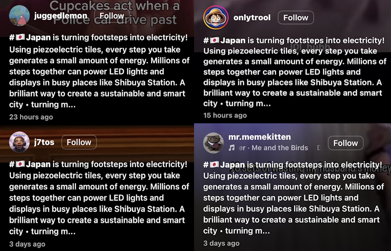 madeforcharts's tweet photo. All meme pages on IG are now using the same "Japan is turning steps into electricity" caption.

It has already become a trend and a meme, creating funny gifs and stickers.

This will soon be everywhere as a niche meme just like the tuff baby.

Just open IG, scroll and you will see.