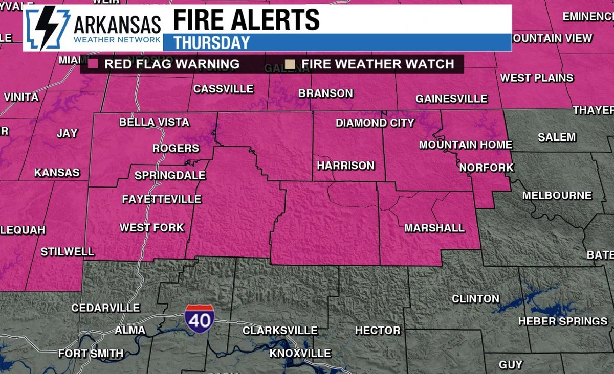 Red flag warnings (fire weather warnings) have been posted for several north central and northwest Arkansas counties 

20-30 MPH wind gusts, warm temperatures, and low relative humidity  will bring high fire danger on  Thursday afternoon!

No burning!