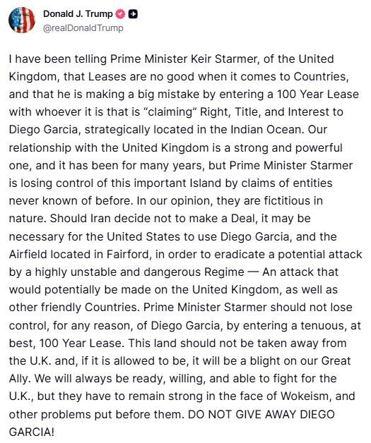 The most important points in Donald Trump's post:

1) War with Iran is imminent

2) Britain is going to be involved in Trump's war on Iran