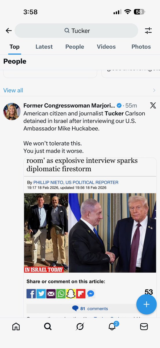 stonedjackass's tweet photo. No longer a conspiracy, @X and @elonmusk are agents of Israel. Tucker Carlson has been arrested but no posts are loading it when searched or on the trending tab. Tucker has been arrested is Israel after an interview the US Ambassador to Israel Mike Huckabee. https://t.co/Eof6VH8qxE