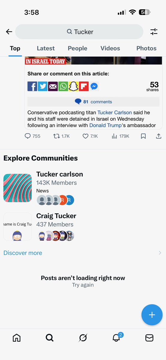stonedjackass's tweet photo. No longer a conspiracy, @X and @elonmusk are agents of Israel. Tucker Carlson has been arrested but no posts are loading it when searched or on the trending tab. Tucker has been arrested is Israel after an interview the US Ambassador to Israel Mike Huckabee. https://t.co/Eof6VH8qxE