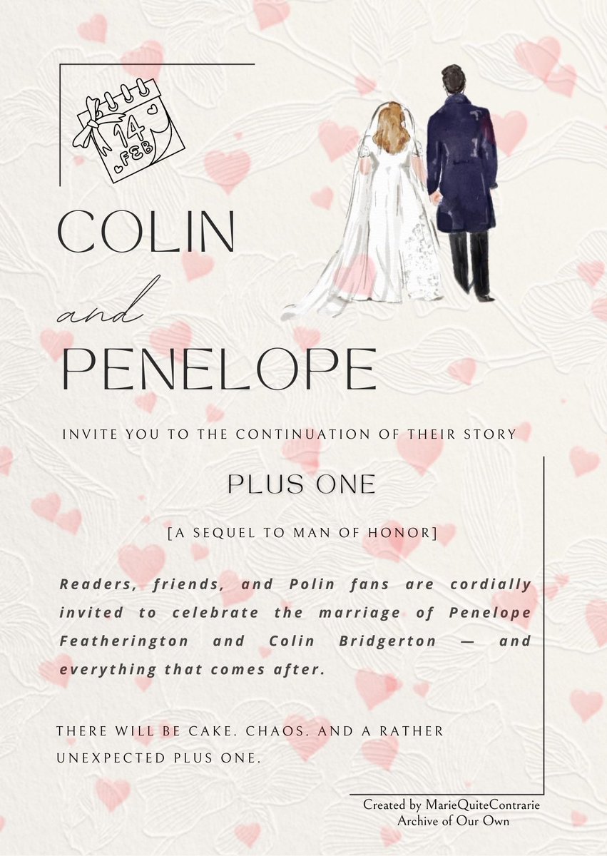 Mariequite9125's tweet image. Colin &amp;amp; Pen are getting married on Valentine’s Day in a wedding they planned together before they were even a couple. Fluff, smut, and Bridgey Fam chaos! 💘archiveofourown.org/works/79814506