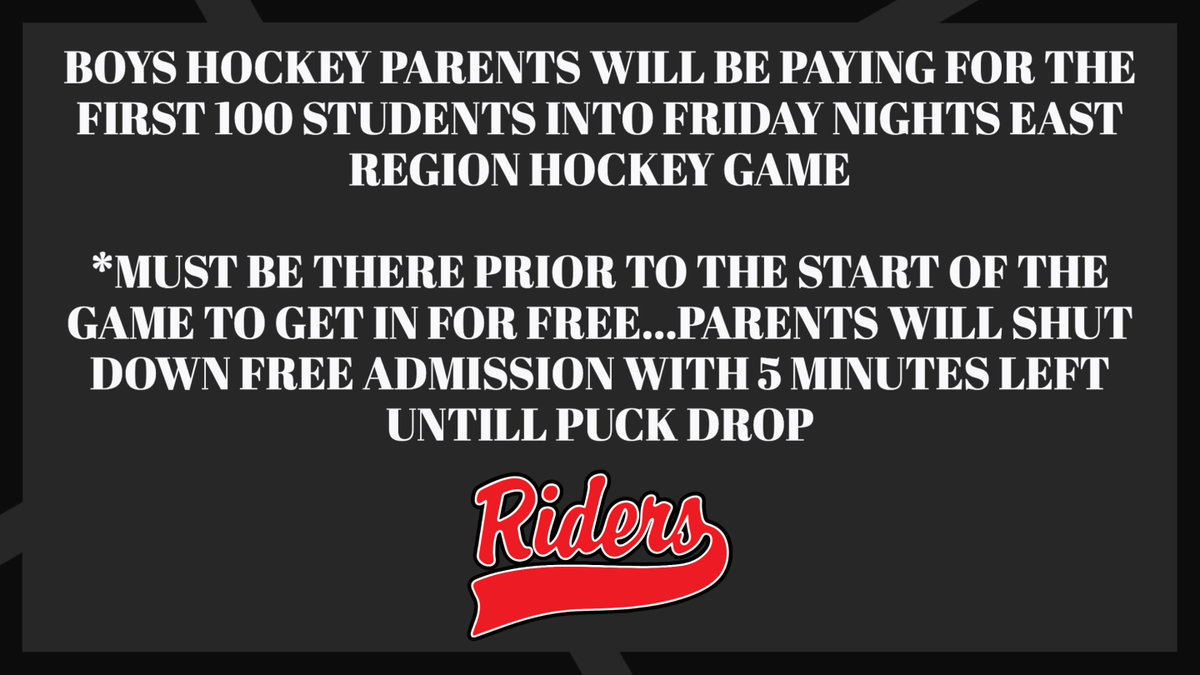 RRHSactivities's tweet photo. FYI @rrstection @RRHSBoysHockey 
FREE ADMISSION FOR THE FIRST 100 STUDENTS AT FRIDAY NIGHTS SEMIFINAL HOCKEY GAME

*must arrive before the 5:00 minute mark prior to puck drop for free admission 
#RideAsONE #EastRegionHockey #ThankYouParents https://t.co/wg7qgJYejz