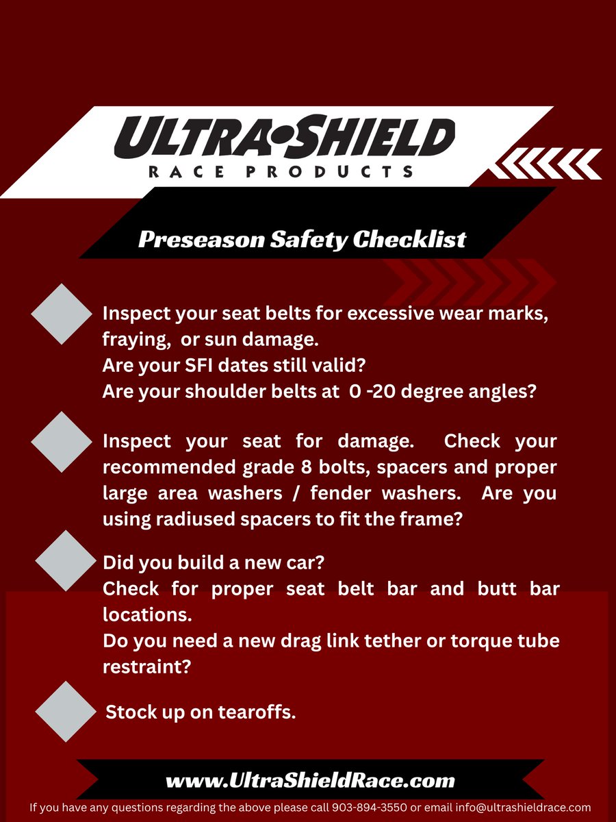 UltraShieldRace's tweet photo. Who is Race Season Ready? 
🎯Preseason Safety Checklist 

If you have any questions please reach out at 903-894-3550 or email info@ultrashieldrace.com!

Best of luck this season! https://t.co/WM5VKZL1l3
