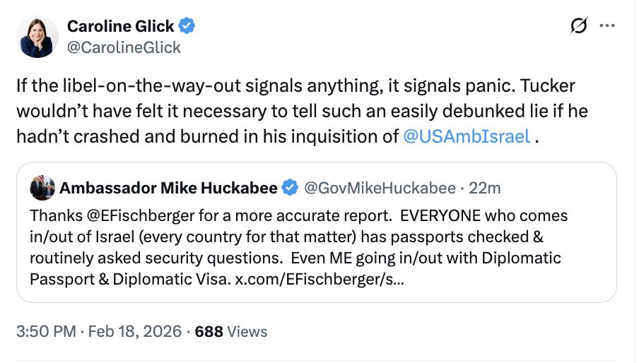 BREAKING: Senior Advisor to Israel's Prime Minister's Office also confirms that Tucker Carlson lied to the Daily Mail about being "interrogated and passport confiscated."

It is truly unbelievable just how easily and frequently Tucker lies.