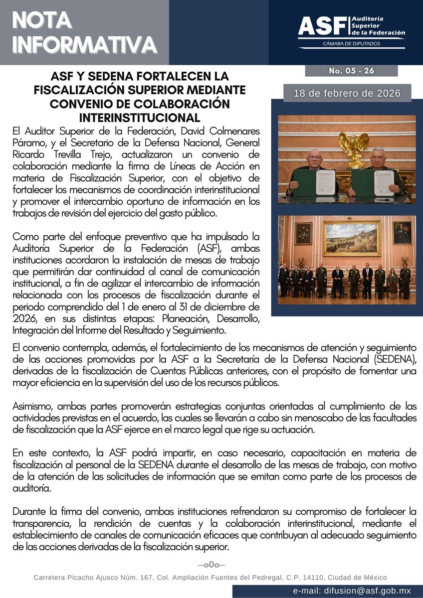 ASF_Mexico's tweet image. ✒️ #Boletín | #ASF y #Sedena fortalecen la #FiscalizaciónSuperior mediante convenio de colaboración interinstitucional.