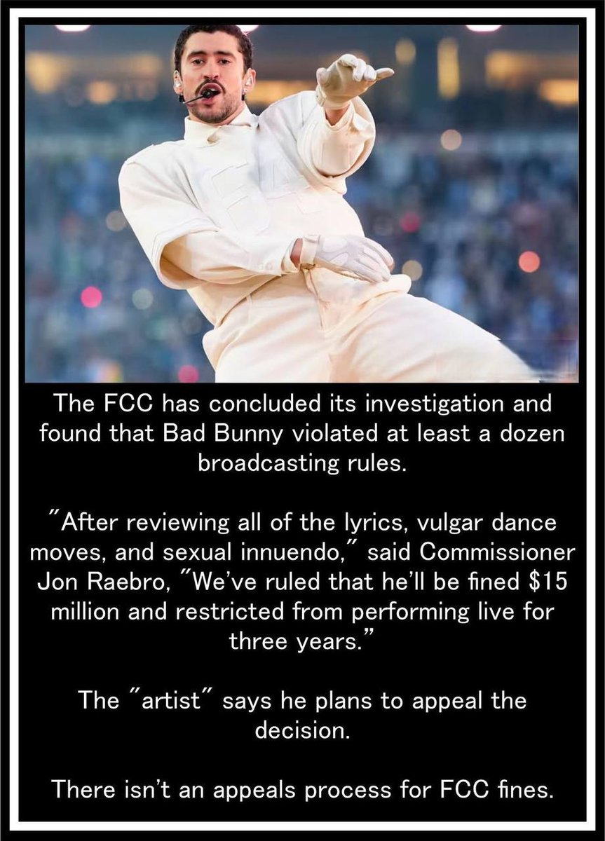 🚨BREAKING: FCC DROPS THE HAMMER ON BAD BUNNY – $15 MILLION FINE FOR HIS FILTHY LYRICS, OBSCENE THRUSTS, AND NON-STOP SEXUAL TEASING ON LIVE TV!

🔗 t.me/+bWjXP07v90xlY…

BANNED FROM PERFORMING FOR 3 YEARS! IS THIS THE END OF HIS RAUNCHY REIGN? HE'S FURIOUS AND VOWING TO FIGHT