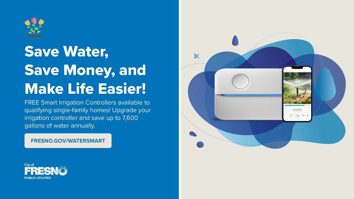REE Smart Irrigation Controllers available for Fresno homes! Save 7,600 gallons/year by letting weather-based tech water smarter. 
 
📌 First come, first-serve
👉 Apply now: Fresno.gov/WaterSmart