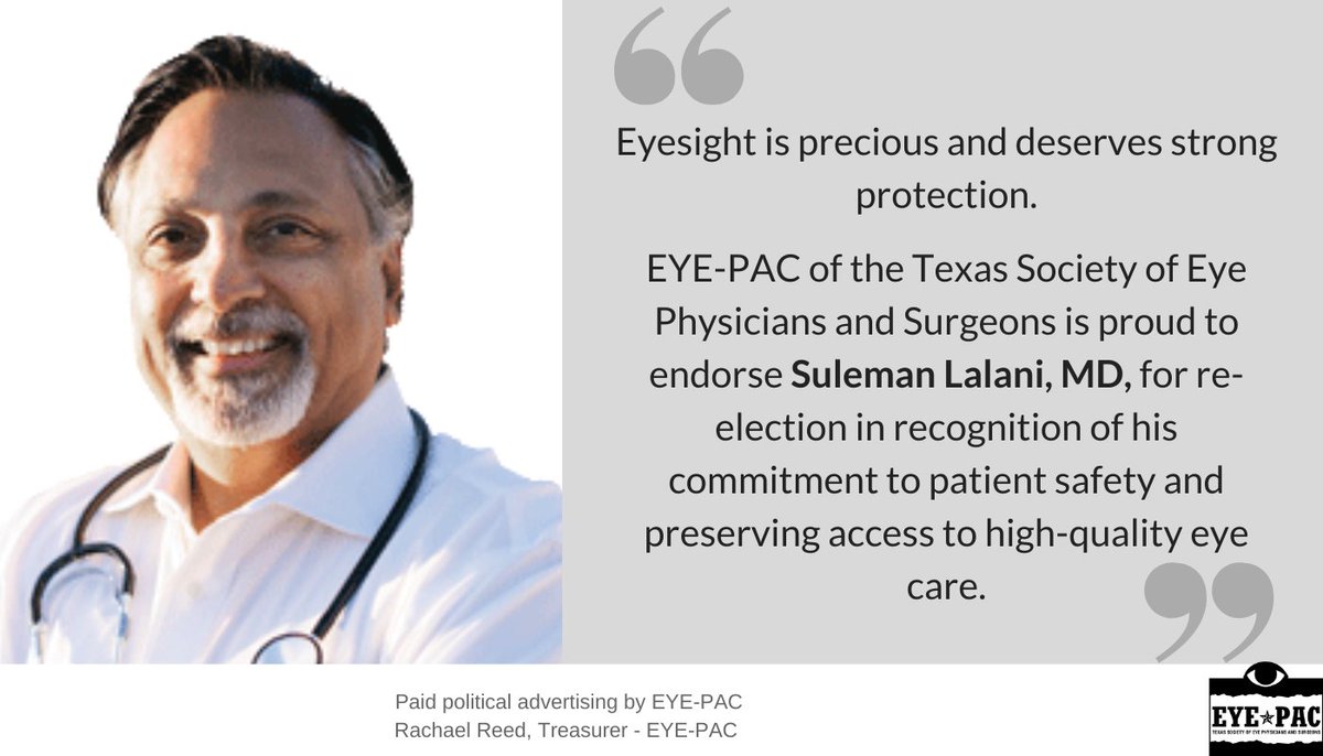 eye_pac's tweet photo. EYE-PAC of the Texas Society of Eye Physicians and Surgeons is proud to endorse @DoctorLalani for re-election. https://t.co/3vKG5eoSef