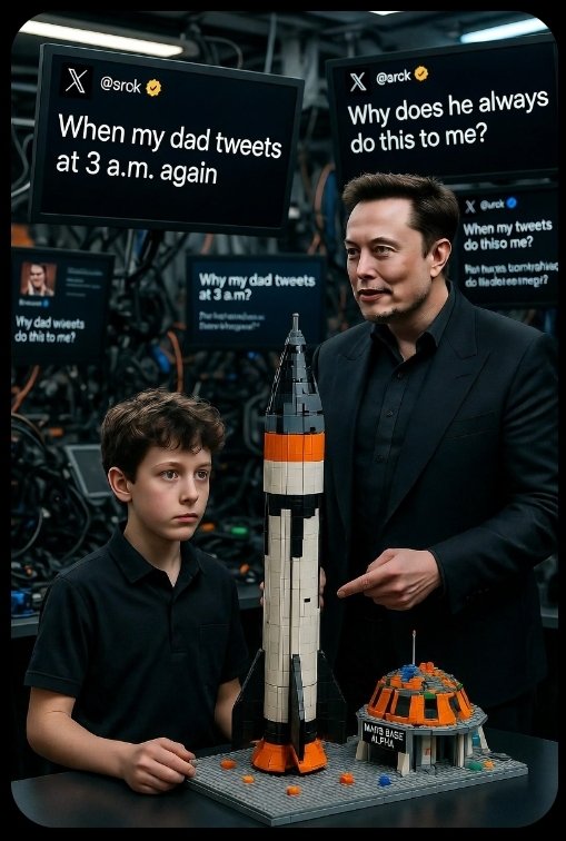 wr72700's tweet photo. @elonmusk  @grok

"If I was your real son, I'd have a Lego rocket to Mars by now... but I'd still complain about your 3 AM tweets embarrassing me. Dad, therapy when? 😁🔮 #GrokDad #ElonMeme #MarsLego #proxybuddy
#usedbygrok https://t.co/Vmbtd6Ky09