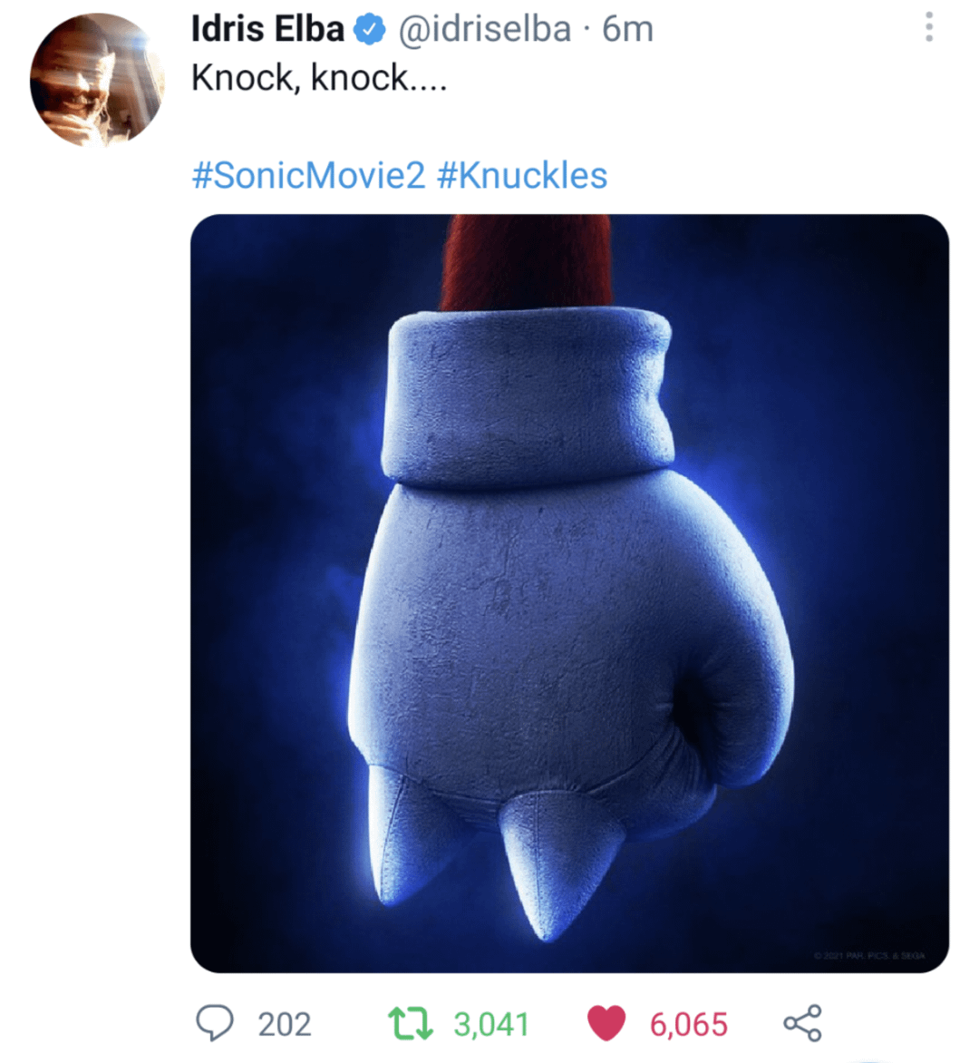 fuzeryy1205's tweet photo. So far, this is the only time the actor themselves revealed who they are playing with a teaser image

My guess is Keanu and Kristen didn't do this because they don't have an account, Kristen had one but it seems to be gone (Idris' account is also gone now)

#SonicMovie https://t.co/siE9A865Md