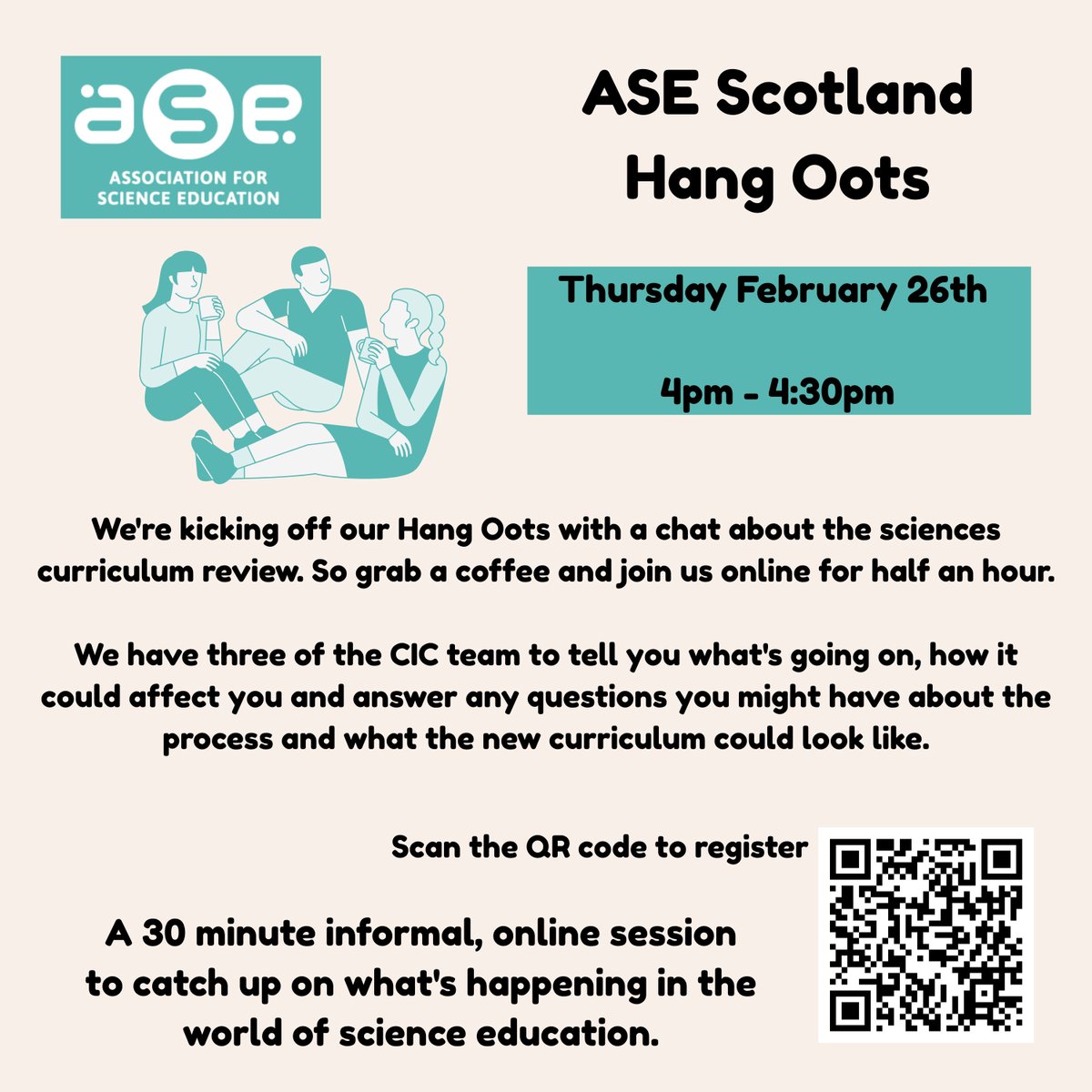 Glazgow's tweet photo. Come and join the ASE Scotland for our first ever 'Hang Oot'.

Sign up: https://t.co/f8fx9Bfgx6

These 30 minute sessions are an informal way to catch up on what's happening in the world of science ed.

Thursday 26th February
4pm - 4:30pm

Sign up: https://t.co/f8fx9Bfgx6 https://t.co/S7zPS0OkuS