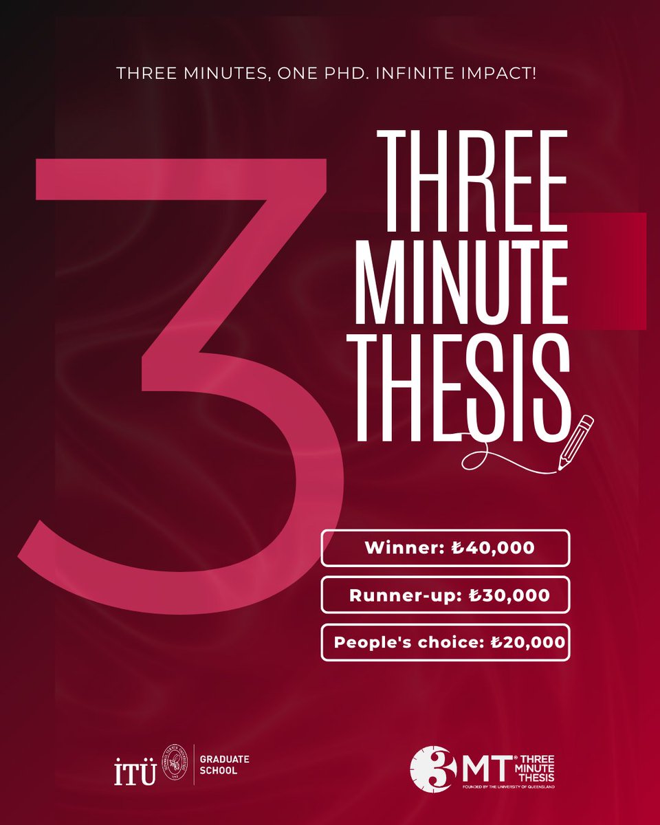 itulisansustu's tweet photo. İTÜ Lisansüstü Eğitim Enstitüsü olarak, dünya çapında büyük ilgi gören "Doktora Tezini Üç Dakikada Anlat" (PhD in Three Minutes) yarışmasını ikinci kez düzenleyeceğimizi duyurmaktan büyük heyecan duyuyoruz.

University of Queensland tarafından başlatılan bu yarışma, araştırmalarınızı geniş kitlelere ulaştırma ve bilimsel sunum becerilerinizi geliştirme fırsatı sunuyor.

Yarışma Hakkında:

Bu prestijli yarışma, doktora öğrencilerimize, yıllar süren titiz araştırmalarını üç dakika içinde, anlaşılır ve ilgi çekici bir şekilde sunma imkanı tanıyor. Amaç, karmaşık bilimsel konuları, uzman olmayan bir dinleyici kitlesine bile etkili bir şekilde aktarabilmek.

Neden Katılmalısınız?

Sunum Becerilerinizi Geliştirin: Bilimsel araştırmalarınızı kısa ve öz bir şekilde ifade etme yeteneğinizi güçlendirin.
Görünürlük Kazanın: Araştırmalarınızı geniş bir kitleye tanıtarak akademik ve profesyonel ağınızı genişletin.
Ödüller Kazanın: Başarılı sunumlarınızla değerli ödüllerin sahibi olun.
Unutulmaz Bir Deneyim Yaşayın: Süleyman Demirel Kültür Merkezi'nin büyüleyici atmosferinde, bilim ve bilgi dolu bir gün geçirin.

Kimler Başvurabilir?

İTÜ'de aktif olarak doktora programına kayıtlı olan ve tez önerisi kabul edilmiş tüm öğrencilerimiz başvurabilir.

Detaylı Bilgi ve Başvuru:

Yarışma hakkında daha fazla bilgi almak için https://t.co/XCbUYaOMcD adresini ziyaret edebilir veya lee-3mt@itu.edu.tr adresine e-posta gönderebilirsiniz.

Yarışma IGRS'26 kapsamında Süleyman Demirel Kültür Merkezi'nde gerçekleşecek olup ayrıntılı programı yakında paylaşılacaktır.

Bilimin ışığında, sizleri bu heyecan verici yarışmada görmekten mutluluk duyarız.

#3MT #3MinuteThesis #ITUGraduateSchool #İTÜLisansüstüEğitimEnstitüsü #Yarışma #Doktora #Challenge #PhD
11h