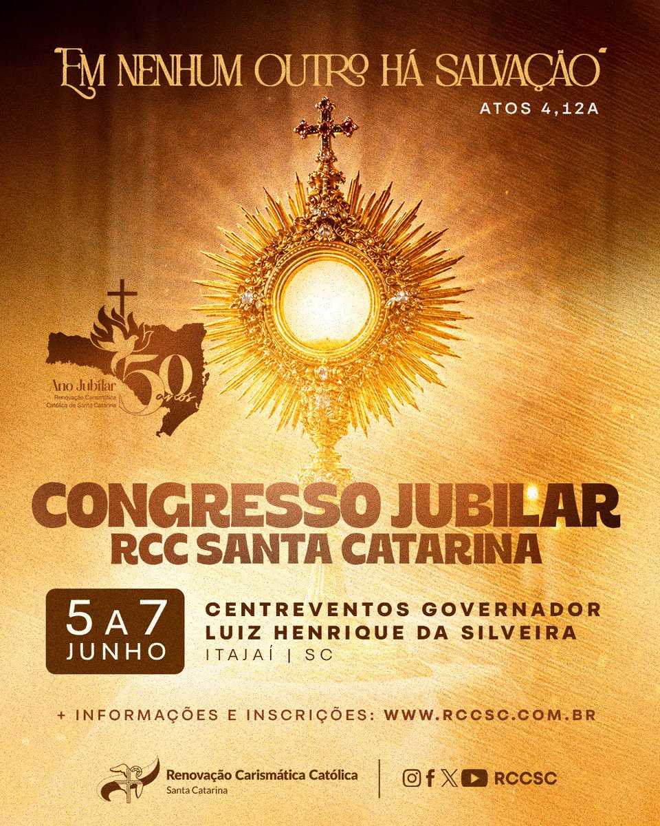 rccsc's tweet photo. Inscrições abertas: RCC SC celebra 50 anos com Congresso Jubilar em Itajaí

A RCC SC vive um tempo histórico em 2026: a celebração do Jubileu de Ouro. São 50 anos de missão, evangelização e batismo no Espírito Santo.

Mais informações: https://t.co/tM9ByIjH0G

#CongressoJubilar https://t.co/lwUXJKfG2K