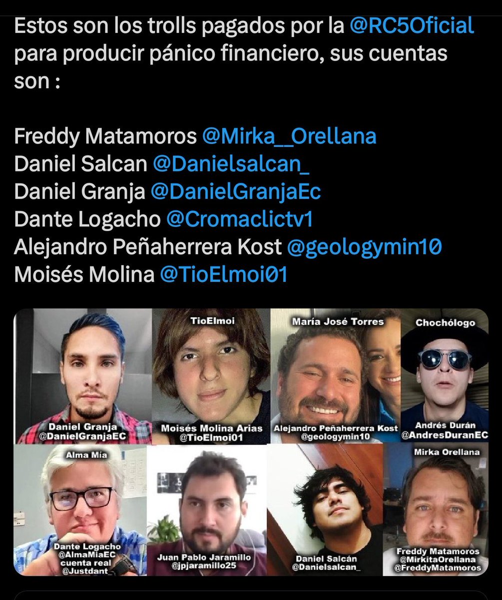 TAREA FÁCIL PARA LA <a href="/FiscaliaEcuador/">Fiscalía Ecuador</a> SR MINISTRO <a href="/JohnReimberg/">John Reimberg</a> SRES <a href="/EjercitoECU/">Ejército Ecuatoriano</a> <a href="/FFAAECUADOR/">Fuerzas Armadas del Ecuador</a>
LOCALIZAR Y CAPTURAR A ESOS TROLLS CORREISTAS RC5
LOS PUEDO AYUDAR❓

<a href="/UAFE_EC/">Unidad de Análisis Financiero y Económico</a> <a href="/SRIoficialEc/">SRI Ecuador</a> <a href="/ContraloriaECU/">Contraloría Ecuador</a> <a href="/superbancosEC/">SuperDeBancosEc</a> RASTREAR MOVIMIENTOS BANCARIOS DE ESOS TROLLS CORREISTAS