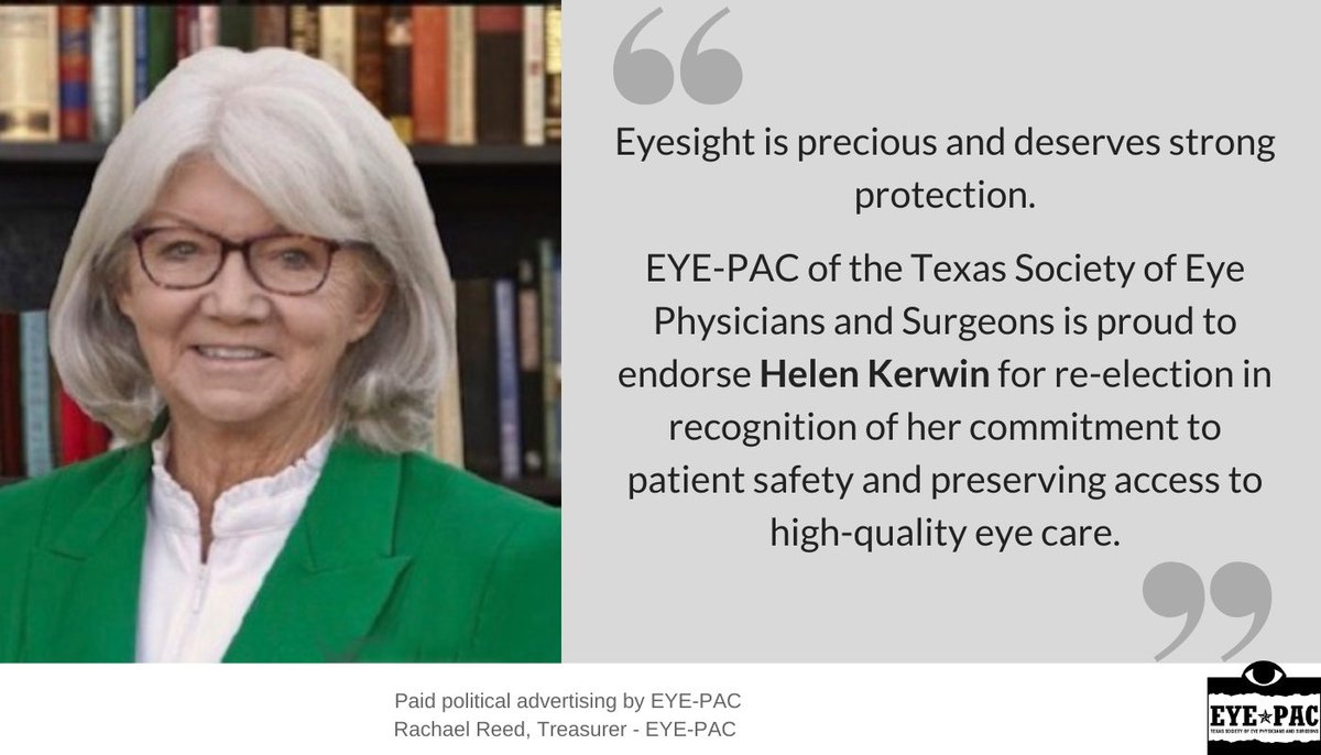 eye_pac's tweet photo. EYE-PAC of the Texas Society of Eye Physicians and Surgeons is proud to endorse @HelenKerwin4TX for re-election. https://t.co/ZjCcgM5diE