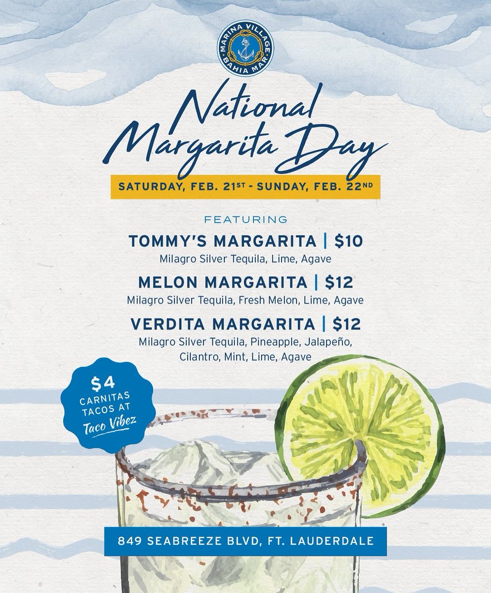 Celebrate National Margarita Day at Marina Village on Feb 21 &amp; 22!🍹🌊

Featured margaritas, tacos &amp; waterfront vibes, plus a FREE margarita with qualifying merch purchase.

Details 👉 bit.ly/MarinaVillageD…

#Margarita #DiscoverFTLBeach

📸= Marina Village Fort Lauderdale Beach