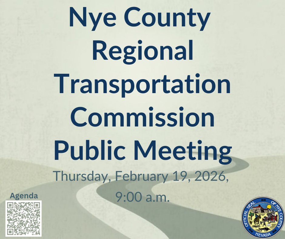 📢 Public Meeting Notice   
The Nye County RTC meets Feb 19th at 9 AM at the Commission Chambers in Pahrump (2100 E. Walt Williams Dr).
Agenda includes: • Chipseal List (For Possible Action) • Roads &amp; Public Works project updates

Agenda: nyecountynv.gov/AgendaCenter/V…
#LocalGov