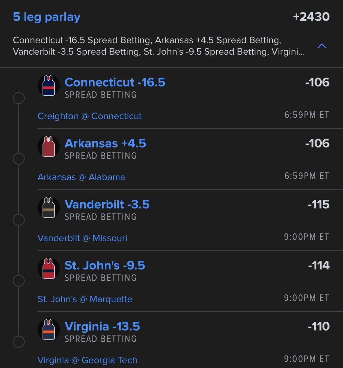 SharpReportHQ's tweet image. 🏁 The +2430 Atomic 5-Leg NCAAB Script 📊🏀

🏀 UConn -16.5 vs. Creighton (White-Out/Gampel Power 🔋)
🏀 Arkansas +4.5 @ Bama (Acuff Jr. 26.2 PPG volume 🎯)
🏀 Vandy -3.5 @ Mizzou (Tanner’s 25.8 PPG usage 🔥)
🏀 St. John’s -9.5 @ Marquette (11-W streak alpha 🌪️)
🏀 Virginia -13.5