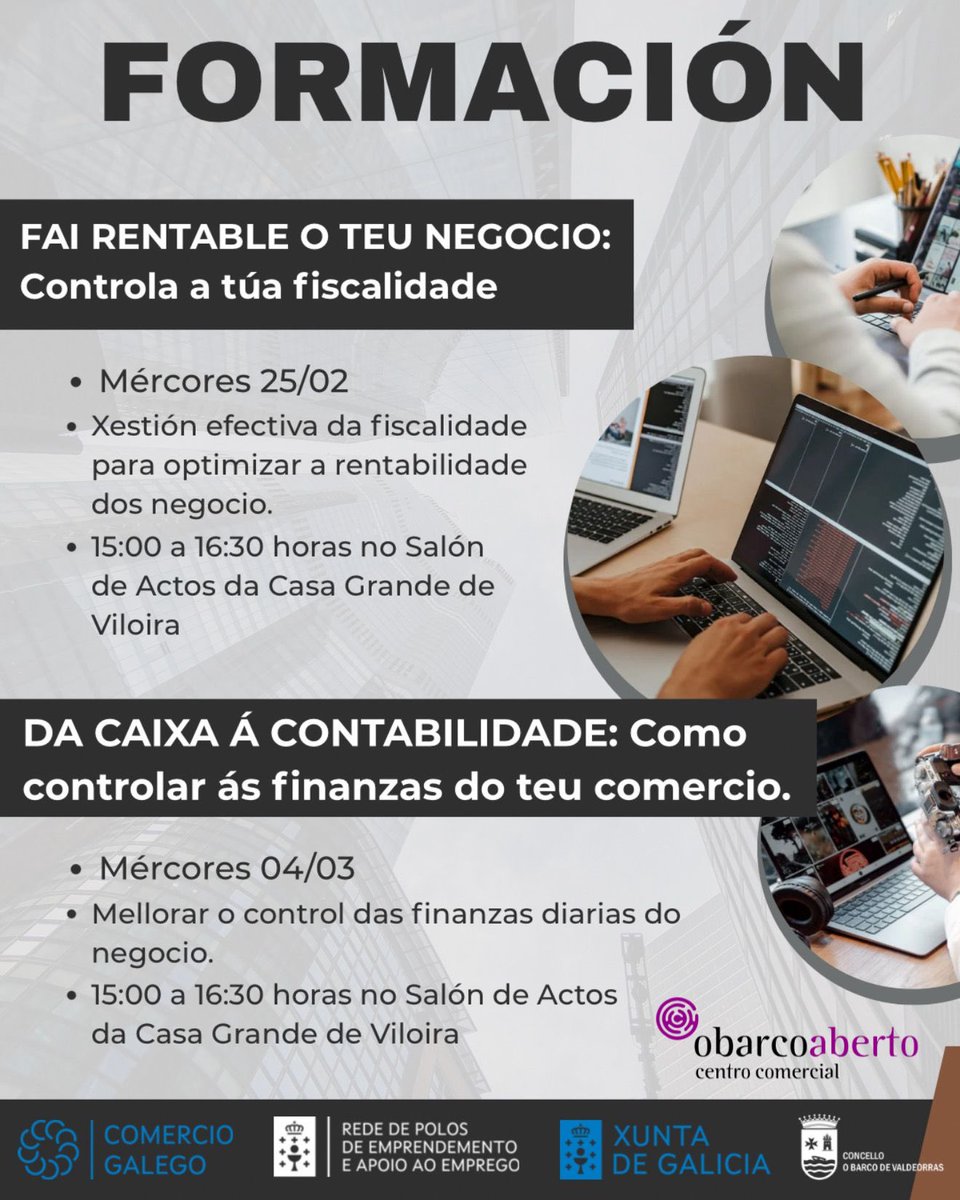 CCAobarco's tweet photo. Dende fai anos apostamos pola formación anual en diferentes modalidades.
Este ano continuamos.
Infórmate e fórmate.

Comercio galego
Concello do Barco de Valdeorras / Ayuntamiento de O Barco de Valdeorras
@gabrielalen
#XuntadeGalicia https://t.co/QJNWpYxrqr