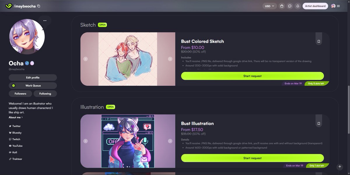 maybeocha's tweet photo. Hey everyone! Due to some personal circumstances, I’m opening commission slots at 50% off for a limited time. If you’ve been thinking about getting a piece from me, now’s the chance! (slots are limited, so don’t miss out)
#vtuber #commissionopen https://t.co/lOcoNA0aFs