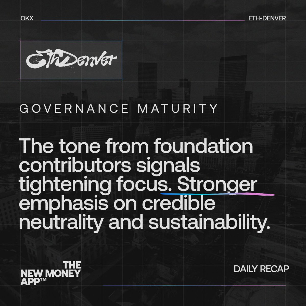 okx's tweet photo. ETHDenver check-in from the Foundation sessions:

The message was clear:

-Back to fundamentals
-Less hype
-More protocol

Here are the key themes that stood out today ⤵️