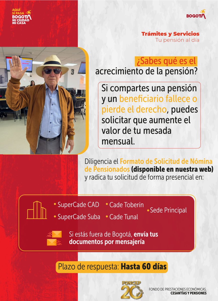 📢 ¿Sabes qué es el acrecimiento de la pensión?

Si compartes una pensión y uno de los beneficiarios fallece o pierde el derecho, puedes solicitar el aumento del valor que recibes mensualmente.

Este trámite lo realiza el beneficiario que continúa con el derecho.

🏢Se realiza de