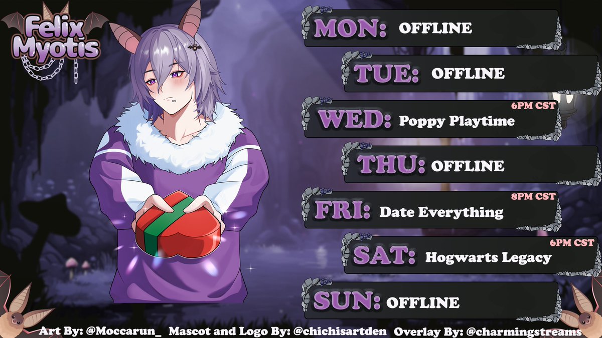 FelixMyotisVT's tweet photo. Schedule for this week! No stream Thursday since i gotta go into work at 3am on Friday 😭 But tonight we playing Poppy Playtime Chapter 5 LFG!! See you there at 6pm CST💜🦇 https://t.co/xj4WiO22J7