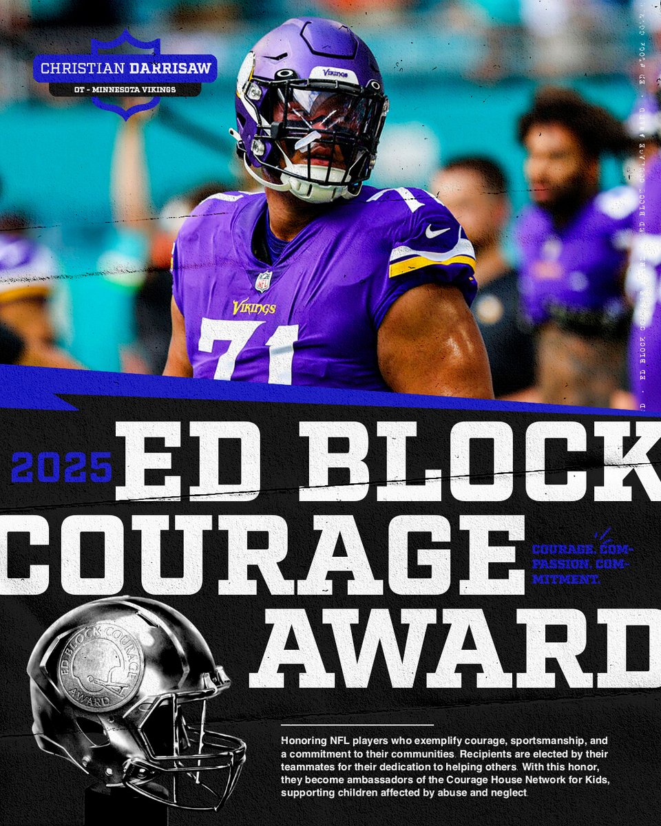 EdBlock's tweet photo. We want to congratulate Minnesota @Vikings Offensive Tackle @chrisdarrisaw71 on being selected by his teammates to be their 2025 Ed Block Courage Award Recipient! 

#EdBlock #CourageAward #Vikings #SKOL https://t.co/rRNQB1edpZ