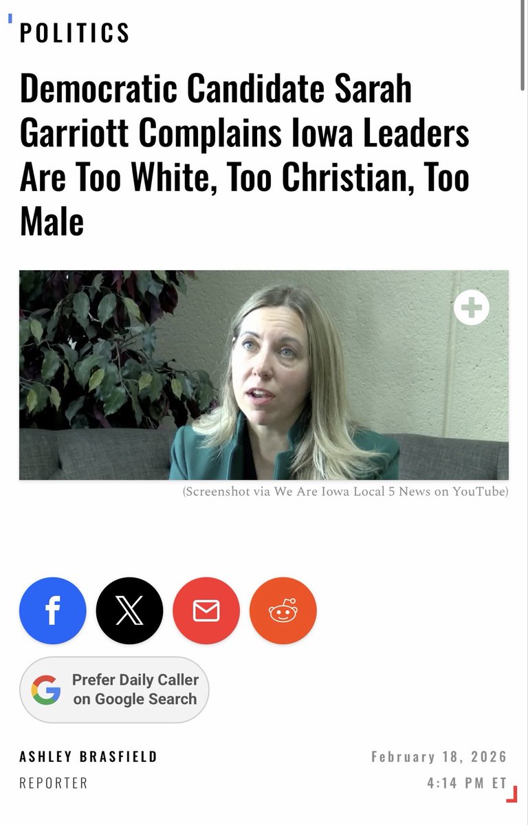 🚨Democratic Candidate <a href="/SarahforIowa/">Sarah Trone Garriott</a> Complains Iowa Leaders Are Too White, Too Christian, Too Male

Read more👇<a href="/DailyCaller/">Daily Caller</a>