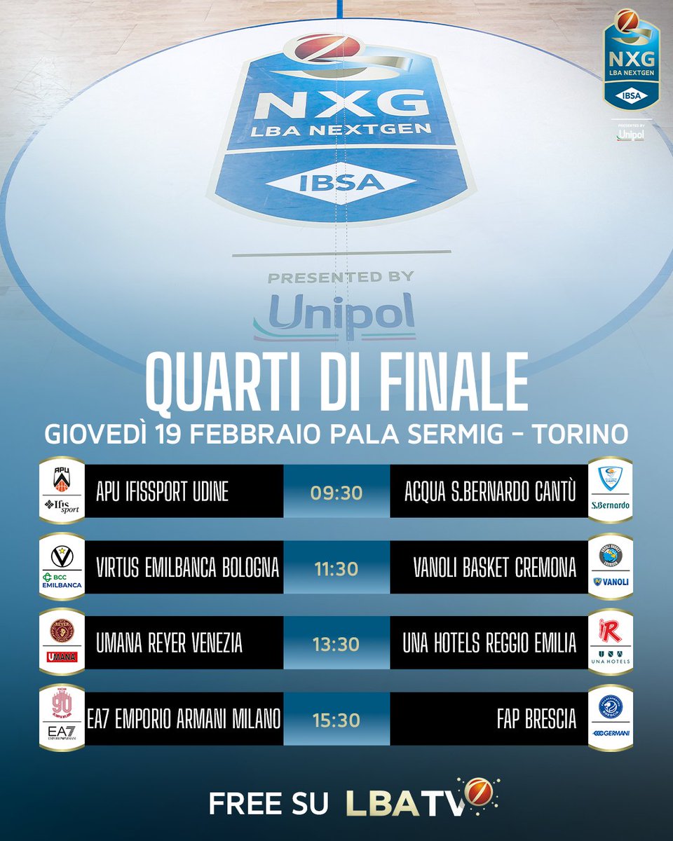 LegaBasketA's tweet image. IL CALENDARIO DEI QUARTI DI FINALE DELLA @IBSAItalia #NextGenCup 2026 🏆

Appuntamento dalle 09.30 al Pala Sermig di Torino 🏟

𝐃𝐢𝐬𝐩𝐨𝐧𝐢𝐛𝐢𝐥𝐢 𝐅𝐫𝐞𝐞 𝐬𝐮 𝐋𝐁𝐀𝐓𝐕 📲 bit.ly/LBATVF2fb

#TuttoUnAltroSport