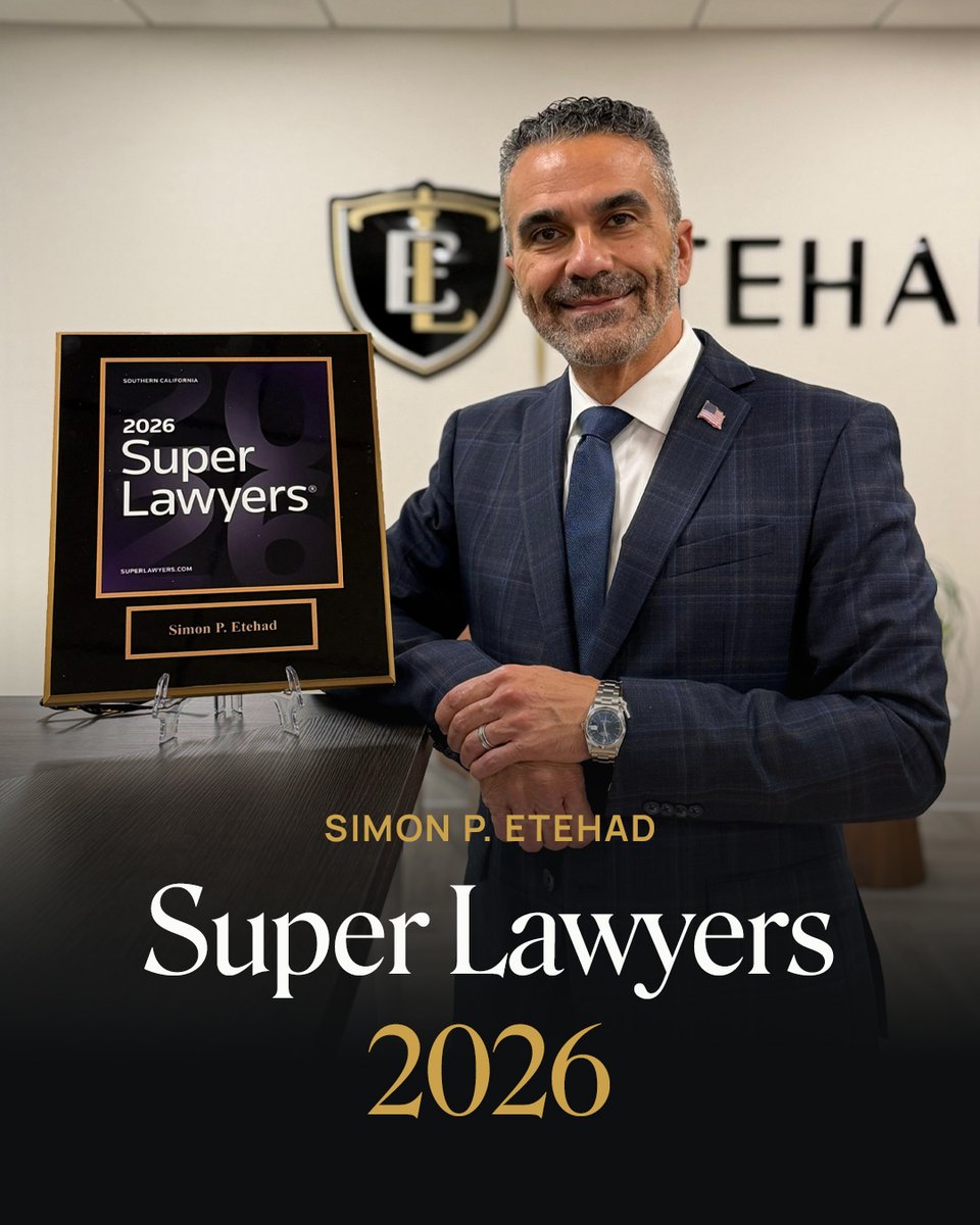 EtehadLaw's tweet photo. 🌟 Congratulations to @SimonEtehad  on being selected to @SuperLawyers  once again, marking his 8th time receiving this distinguished honor.

Only the top 5% of attorneys in the state are named to Super Lawyers each year. This continued recognition reflects his leadership, experience, and unwavering commitment to serving our clients with excellence.