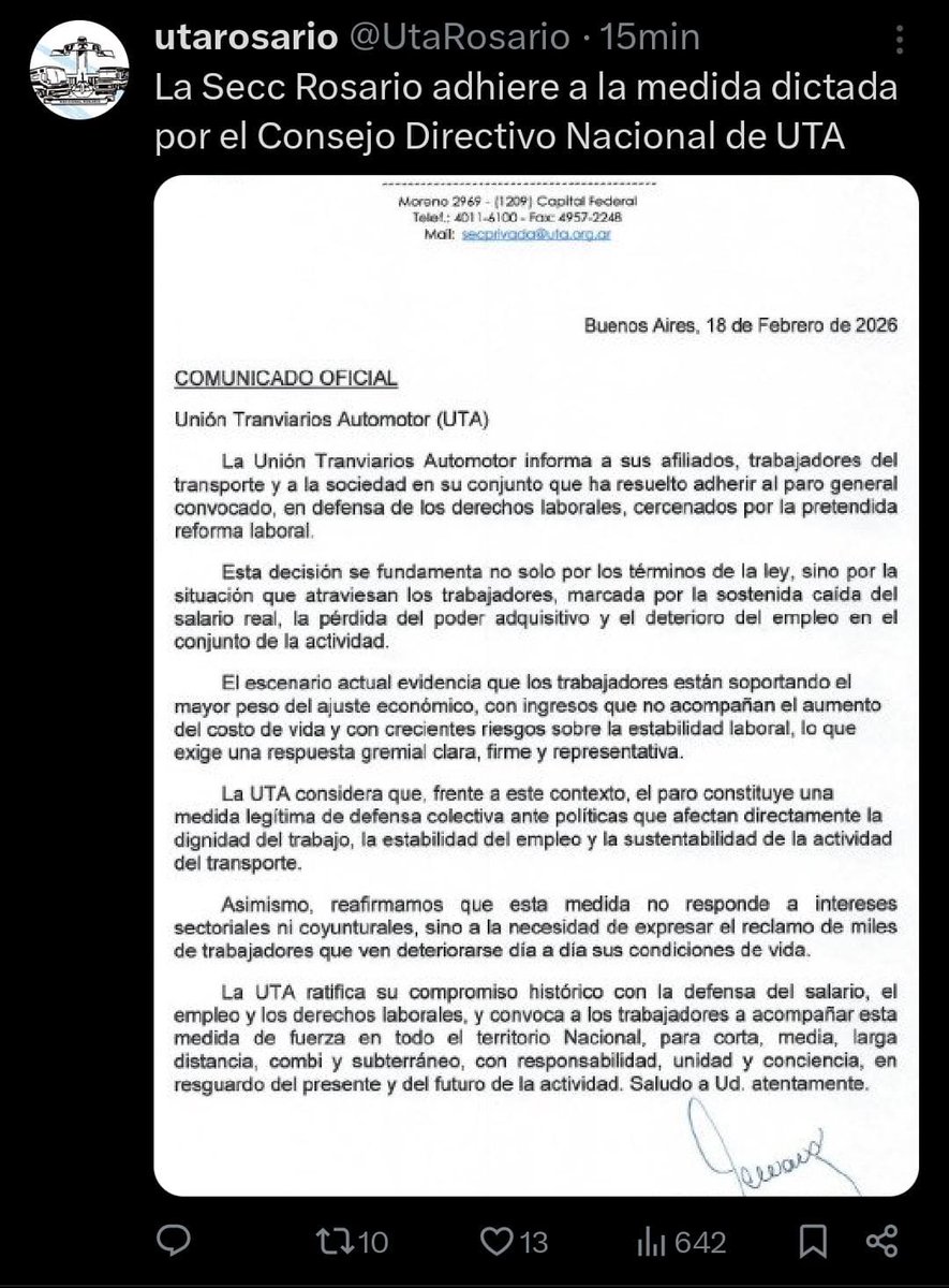 Buenas tardes Vecinos. 
 UTA ROSARIO confirma que adhiere a la medida dispuesta por UTA NACIONAL. 

Mañana NO circularán las unidades del Transporte Público en Rosario.  

Atte.
<a href="/CalleDeRosario/">CalleDRosario</a> <a href="/TransitoRos/">Tránsito Rosario</a> <a href="/TransitoRosOk/">Tránsito Rosario y más</a> <a href="/TransitoRosari0/">Tránsito y noticias Rosario</a> <a href="/emergenciasAR/">red de emergencias</a> <a href="/PreciosRosario2/">PreciosRosario</a>