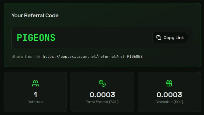 News, I have my first <a href="/exitscam_net/">ExitScam</a> referral and it's a 14k followers KOL

Pool on this run is 3.35 SOL

Just saying
👇👇👇
app.exitscam.net/referral?ref=P…