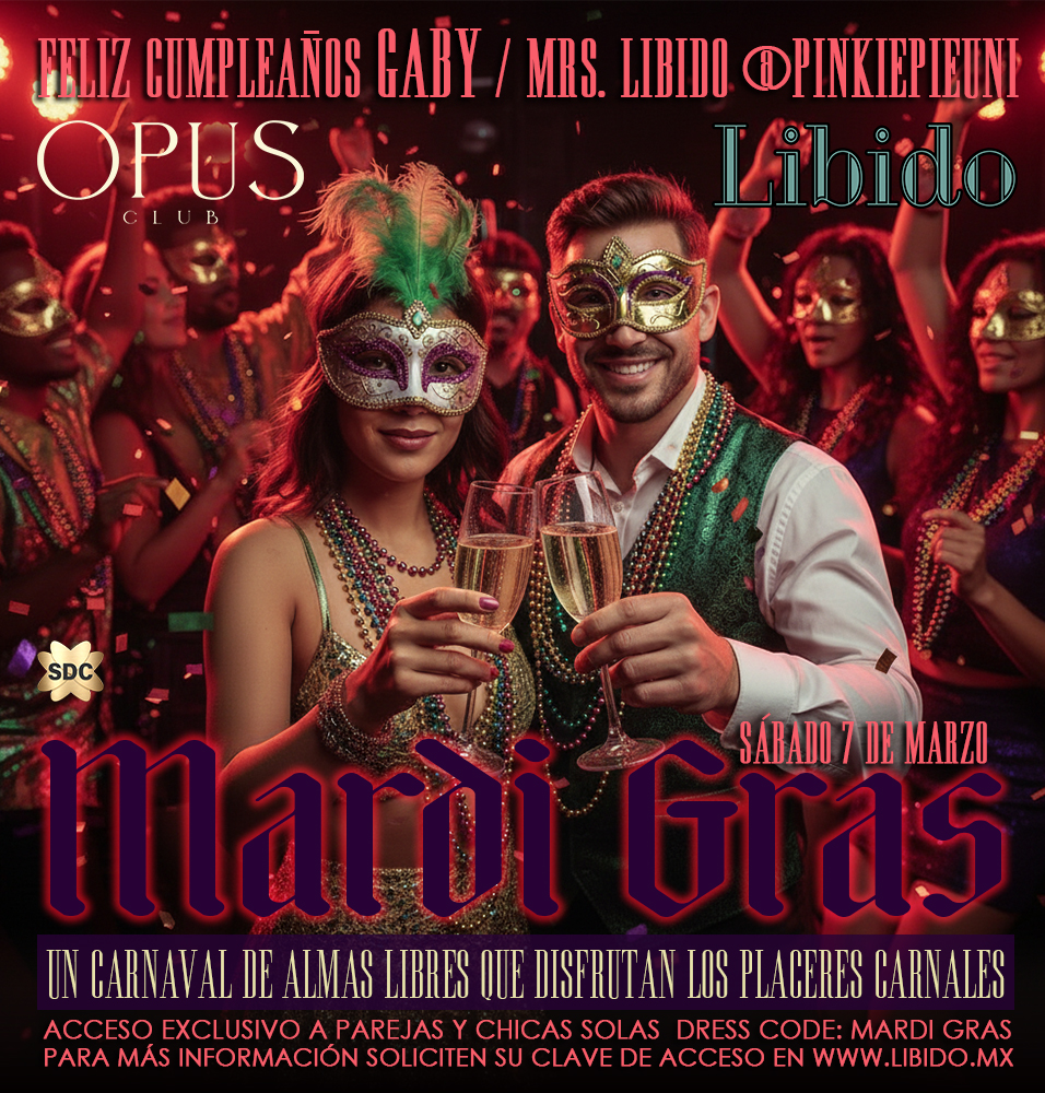 📆SÁBADO 7 DE MARZO
🎭MARDI GRAS PARTY en <a href="/OpusClubSw/">OPUS Club 🍍</a> 

Mardi Gras es una celebración hedonista para los que se atreven a explorar los distintos caminos del placer.
Esta noche donde se respira libertad, erotismo y diversión en una atmósfera acogedora y sofisticada que invita a