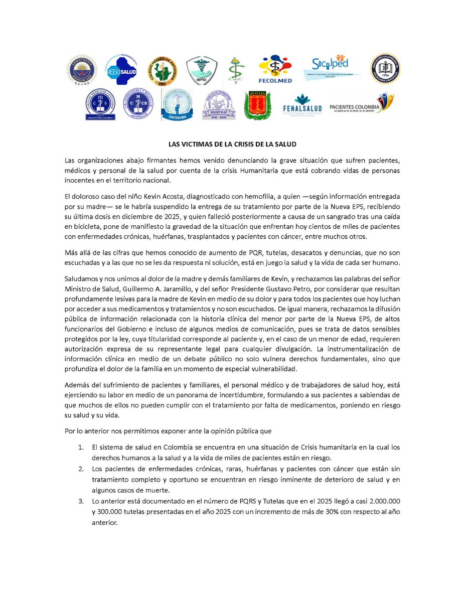 assosalud's tweet photo. 🚨 #CrisisSaludColombia 🚨

El niño Kevin Acosta falleció tras no recibir su tratamiento por la Nueva EPS. Pacientes con enfermedades crónicas, raras y cáncer están en riesgo.

Exigimos: respeto por la historia clínica, acceso inmediato a medicamentos y sanción a responsables. https://t.co/Pt8irMtpQs